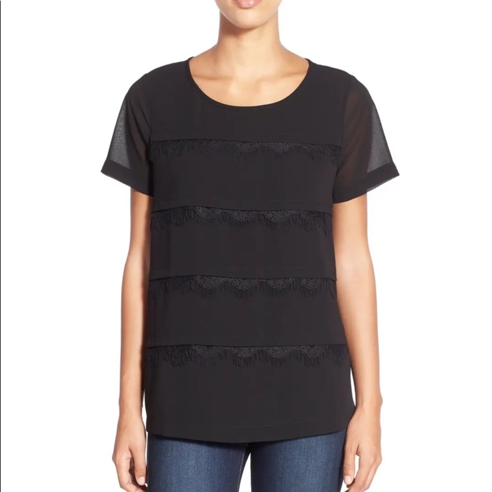 Pleione Black Polyester & Lace Tiered Blouse